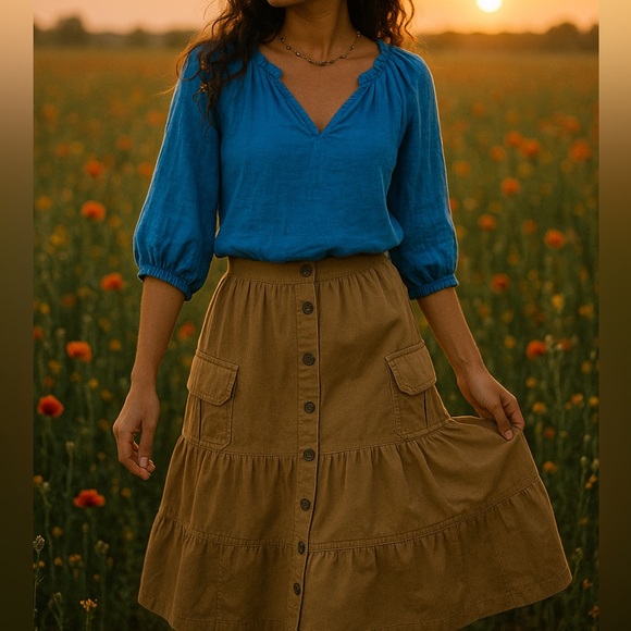 J. Jill Tops - J JILL 100% linen blue Boho blouse puff sleeve boho top oversized loose fit XS